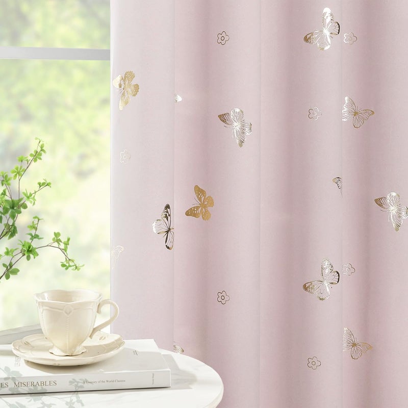 Jubilantex Pink and Gold Butterfly Blackout Curtains 84" Length for Baby Girls Nursery Bedroom and Living Room,80% Blackout Window Treatment,Grommet Top,2 Panels,Lavender Pink - Image 2